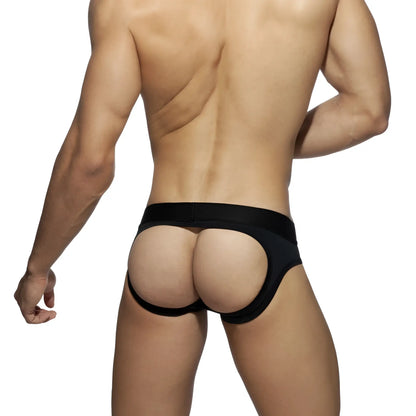 Black form-fitting high-waisted bottomless fetish brief with wide elastic waistband and back cutouts shown from the back