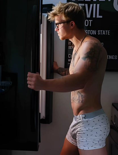 White boxer briefs with gray waistband featuring dear logo and dark patterned dots in size large for menswear