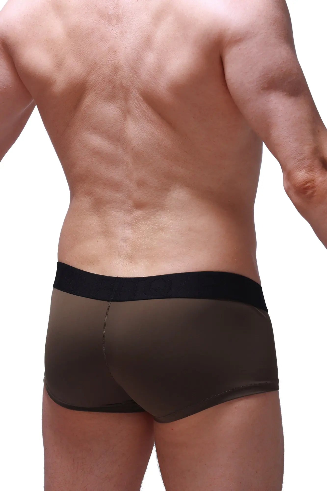Brown athletic boxer briefs with black elastic waistband designed for active wear in the boxer aguts olive collection