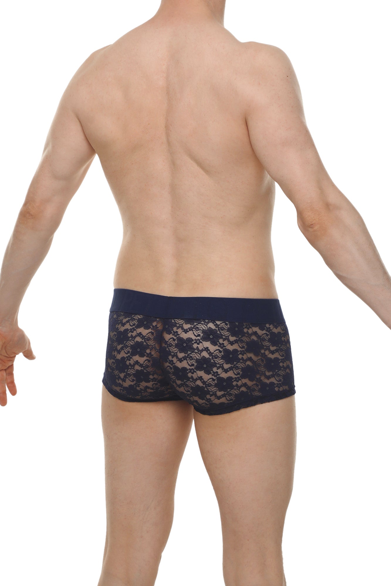 Navy blue lace boxer briefs with a solid waistband designed for comfort and style in boxer algun lace navy collection