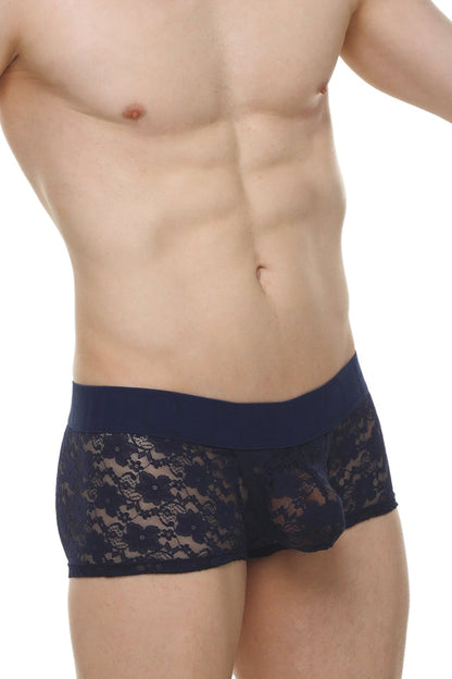 Navy blue lace boxer briefs with a solid waistband featuring delicate floral lace fabric for comfortable wear