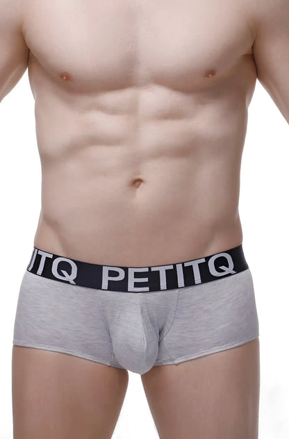 Boxer anla modal grey briefs in gray heather with a black elastic waistband featuring the petitq logo in white