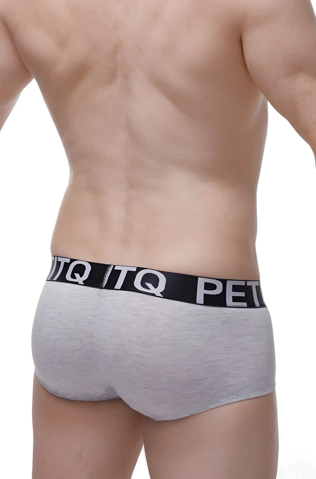 Gray heathered boxer anla modal briefs with black elastic waistband featuring white itq and pet lettering