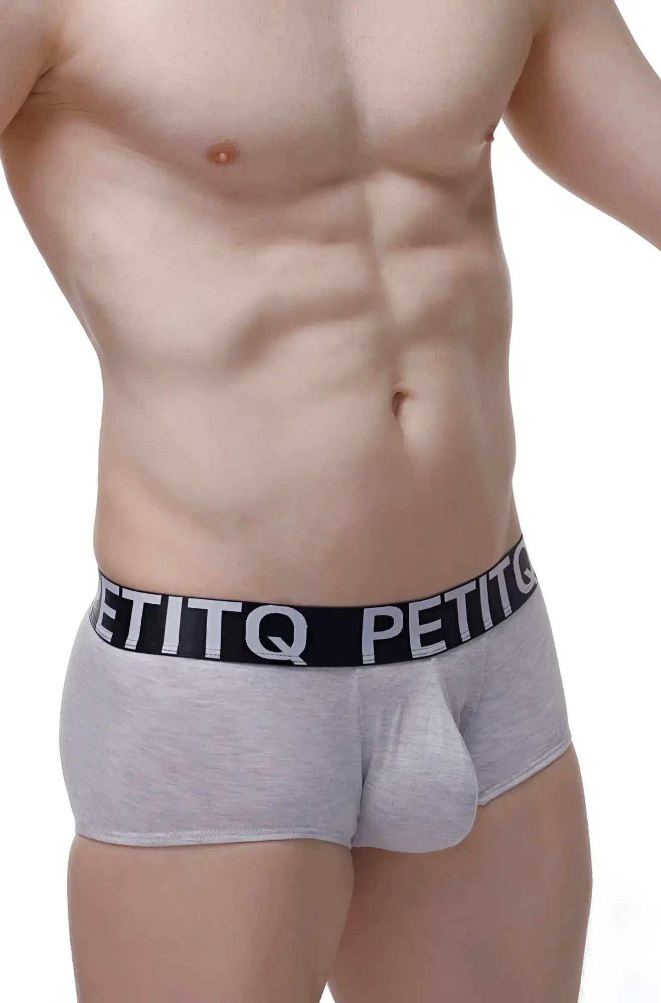 Gray textured cotton boxer briefs with a black elastic petitq logo waistband modal fabric comfortable fit