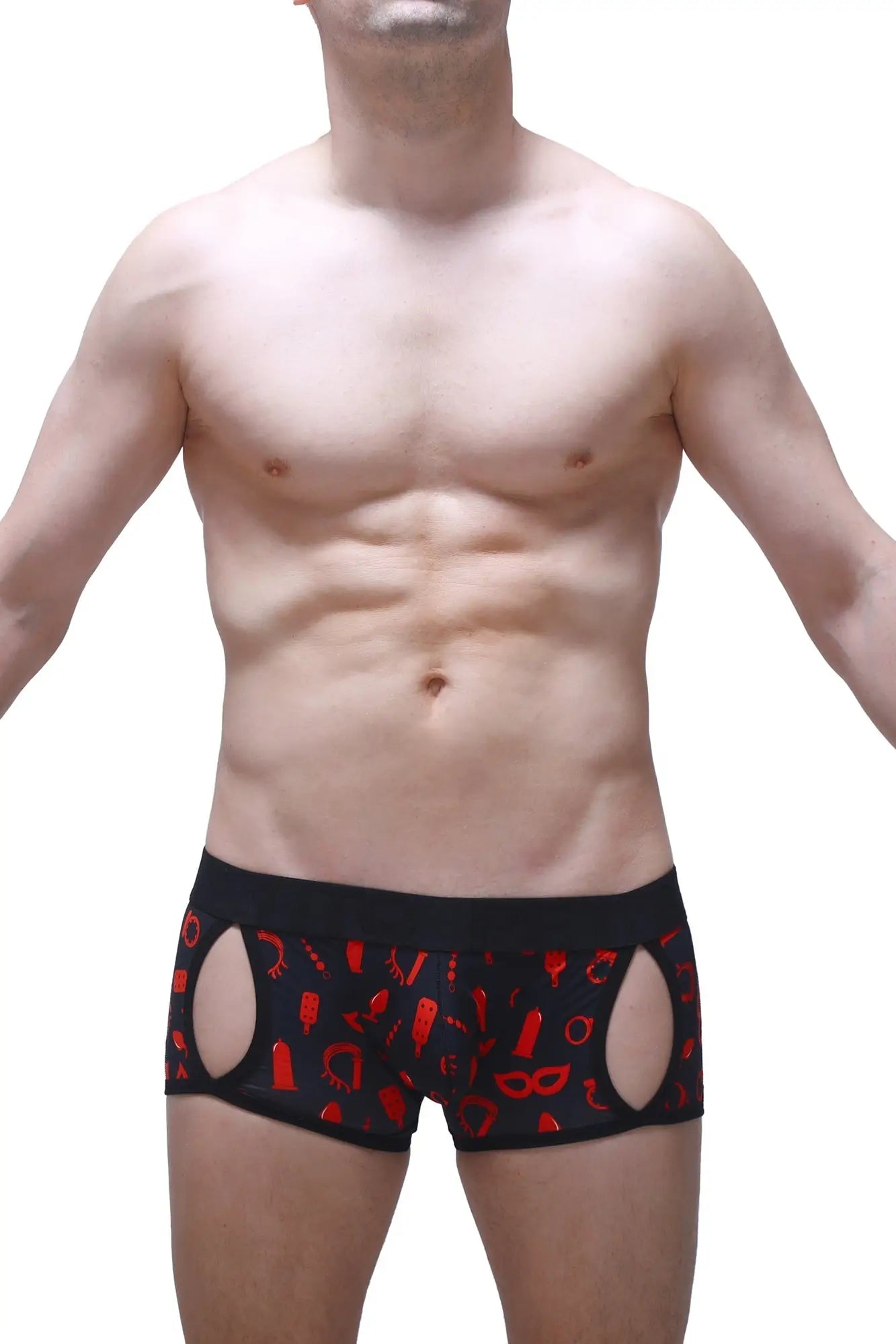 Black men’s briefs boxer anzex boudoir with red erotic-themed cutouts and symbols for stylish intimate wear