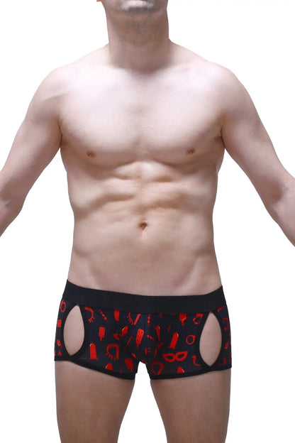 Black men’s briefs boxer anzex boudoir with red erotic-themed cutouts and symbols for stylish intimate wear