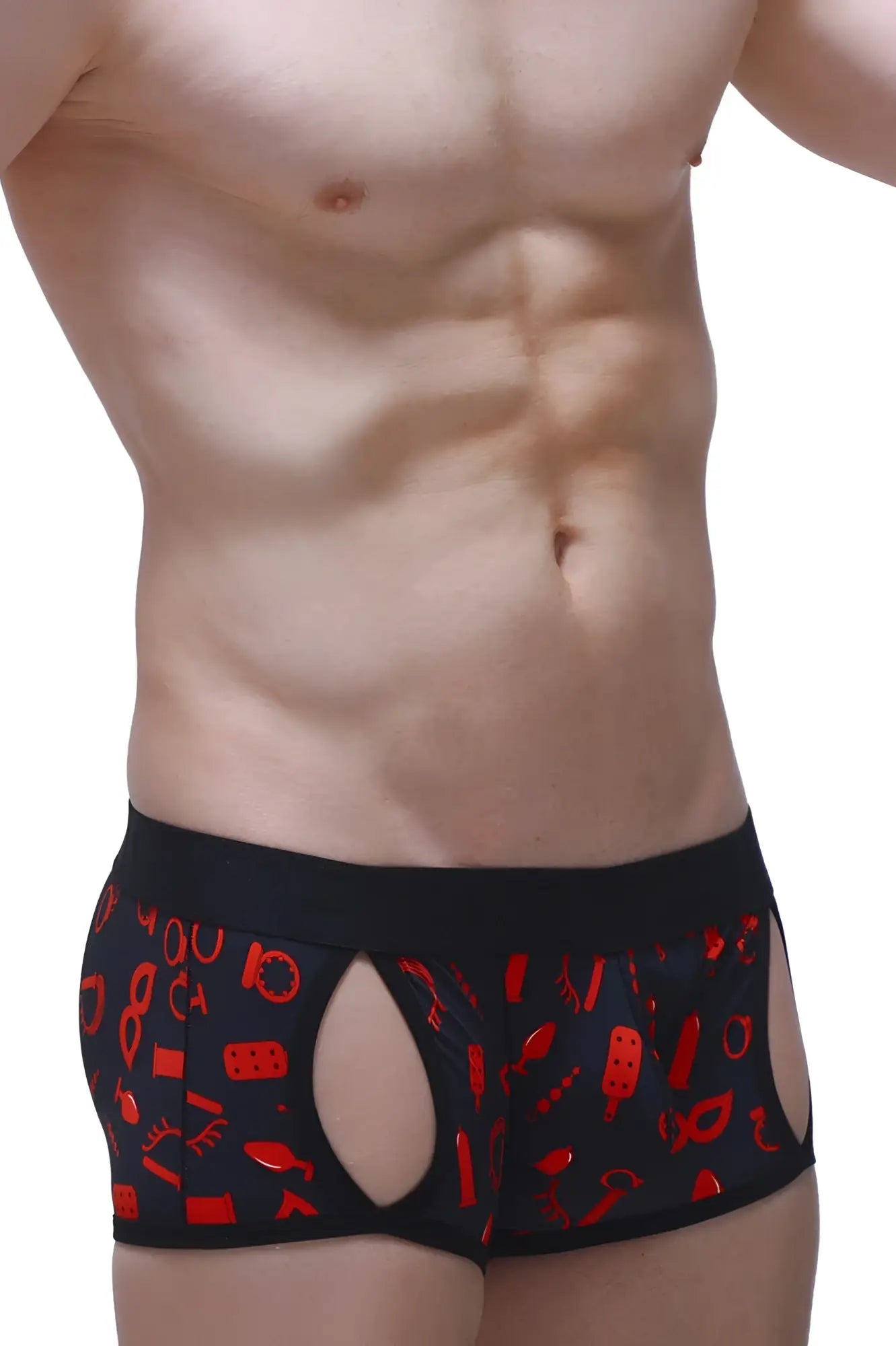 Black briefs boxer anzex boudoir with red erotic graphics and cut-out sides for intimate wear