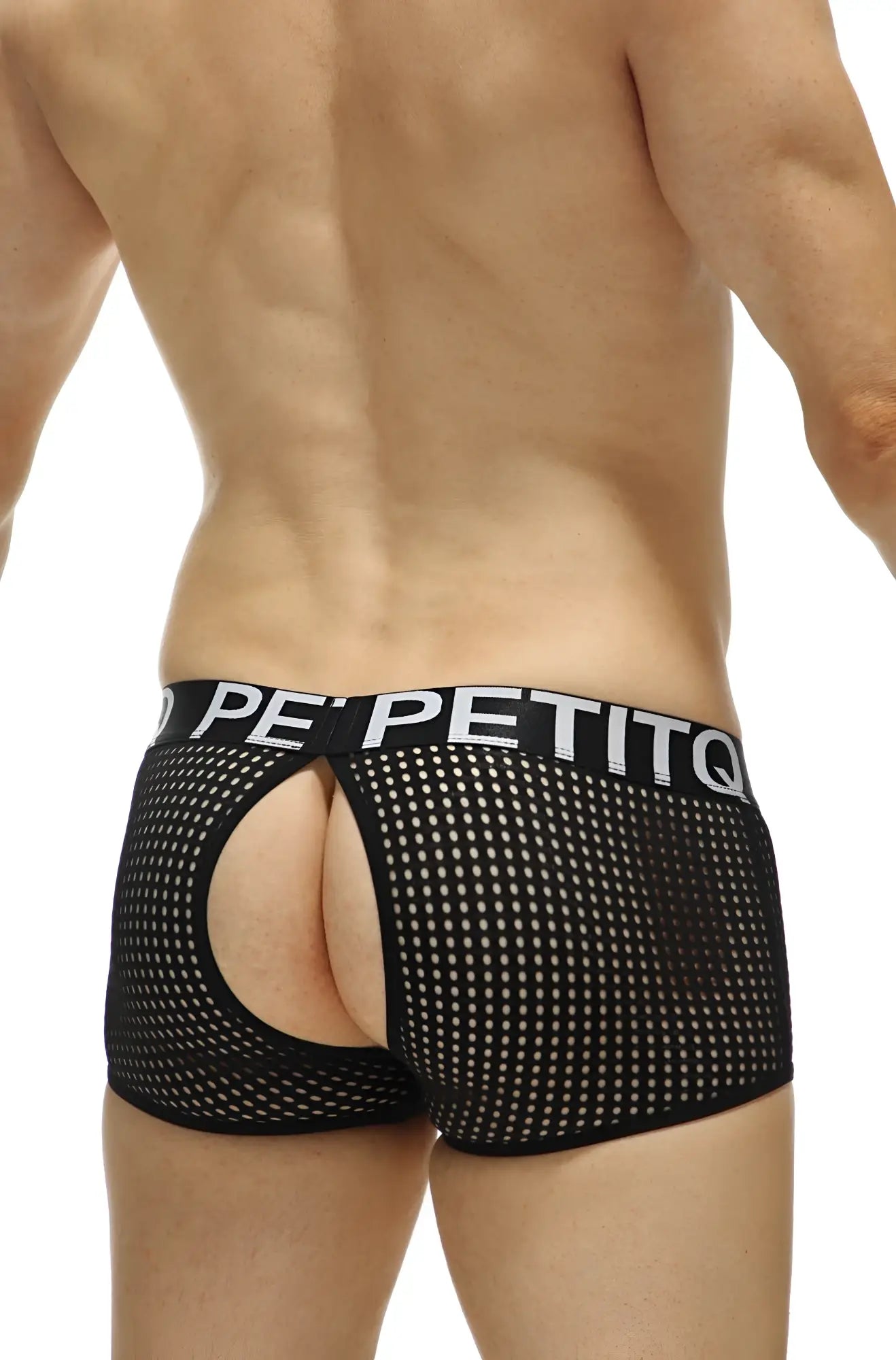 Black mesh boxer anzex durtol briefs with white petitq logo on waistband designed for breathable comfort