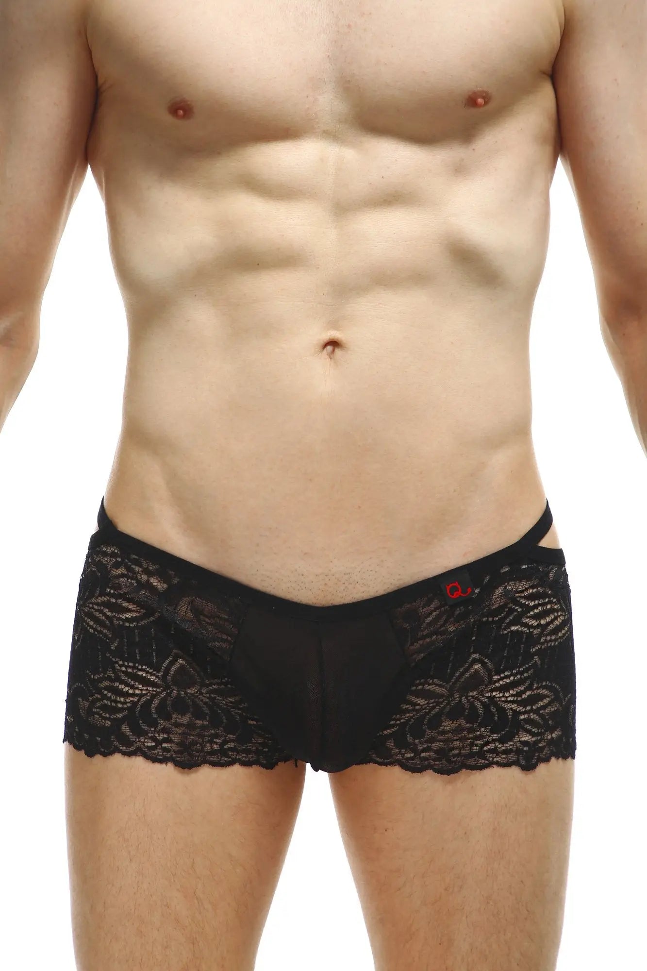 Black lace-trimmed men’s briefs boxer Baden lace black with floral pattern and small red logo on waistband