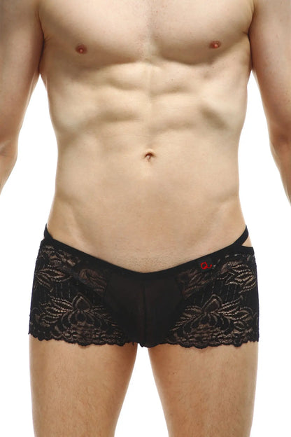 Black lace-trimmed men’s briefs boxer Baden lace black with floral pattern and small red logo on waistband