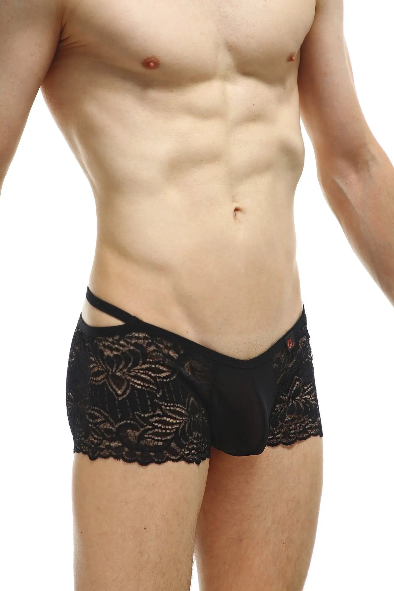 Black lace-trimmed men’s briefs boxer Baden lace black with floral pattern and side cutouts front view