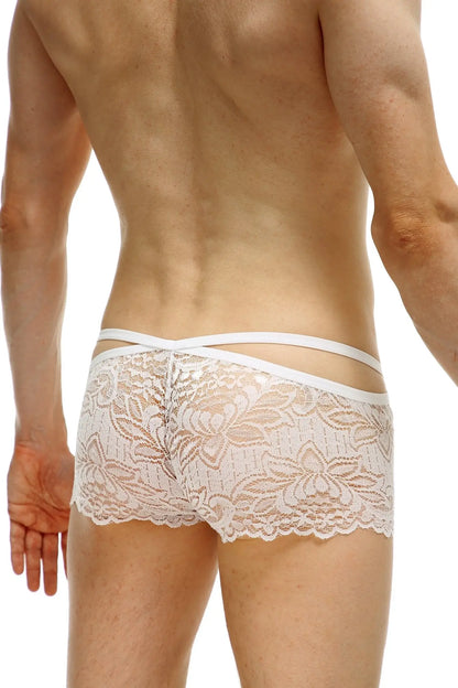 White lace boxer briefs with floral pattern and crossed waistband designed for comfortable everyday wear