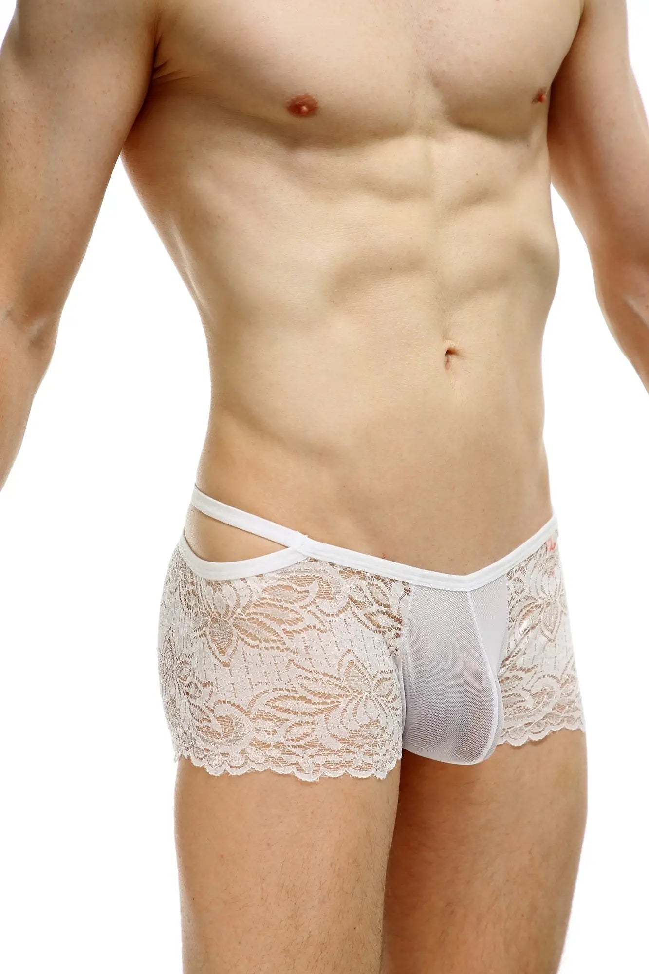 White lace-trimmed men’s briefs boxer baden lace white with sheer mesh panel and crossed waistband design