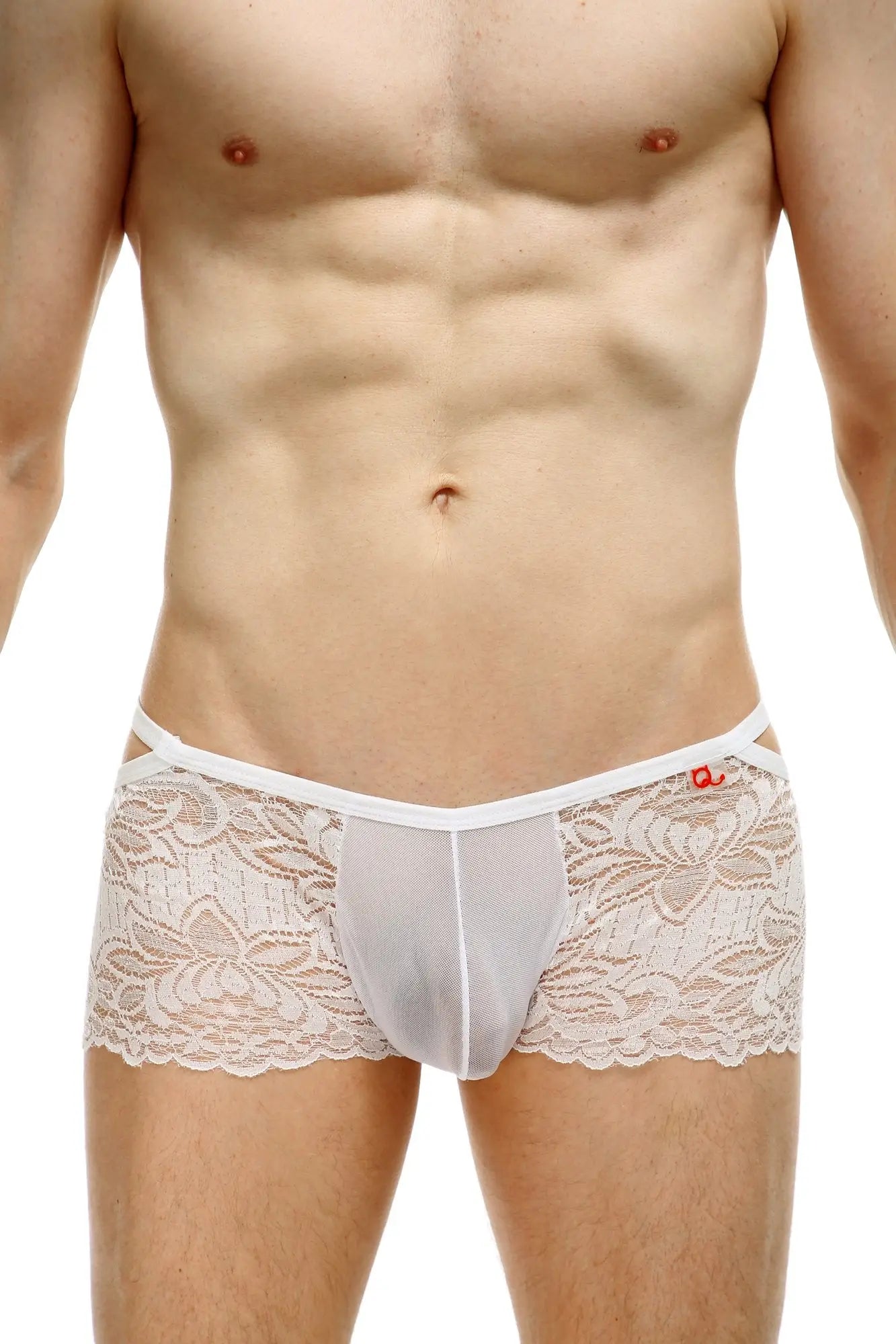 White lace-trimmed mens boxer underwear with sheer mesh front panel and elastic waistband boxer baden lace white