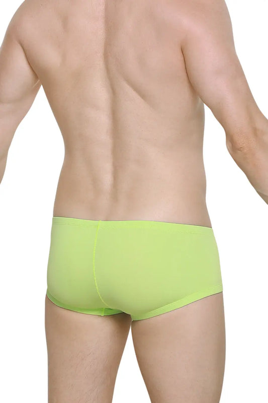 Men's green boxer briefs by PetitQ featuring a snug fit and smooth fabric shown from the back on a model
