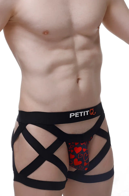 Black strappy men’s boxer shorts with red heart pattern and petit branding king of hearts design