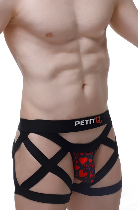 Black strappy men’s boxer shorts with red heart pattern and petit branding king of hearts design
