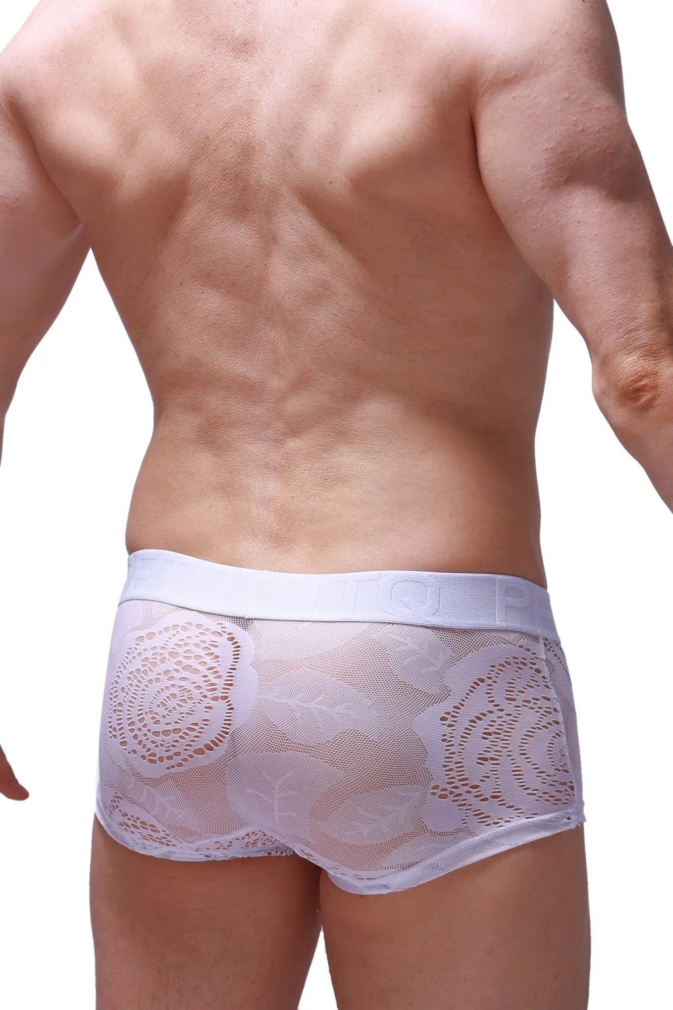 White boxer brief dome coudray with lace trim sheer mesh design and elastic waistband for comfortable fit