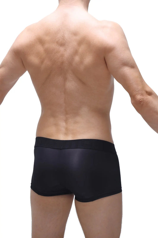 Black sleek-fitting boxer brief dome voile with a smooth matte finish designed for comfortable support