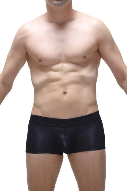 Black shiny form-fitting boxer brief dome voile black made of smooth sleek material for comfortable wear