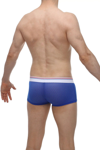 Blue mesh boxer brief huleu macra with white waistband featuring thin red and blue stripes