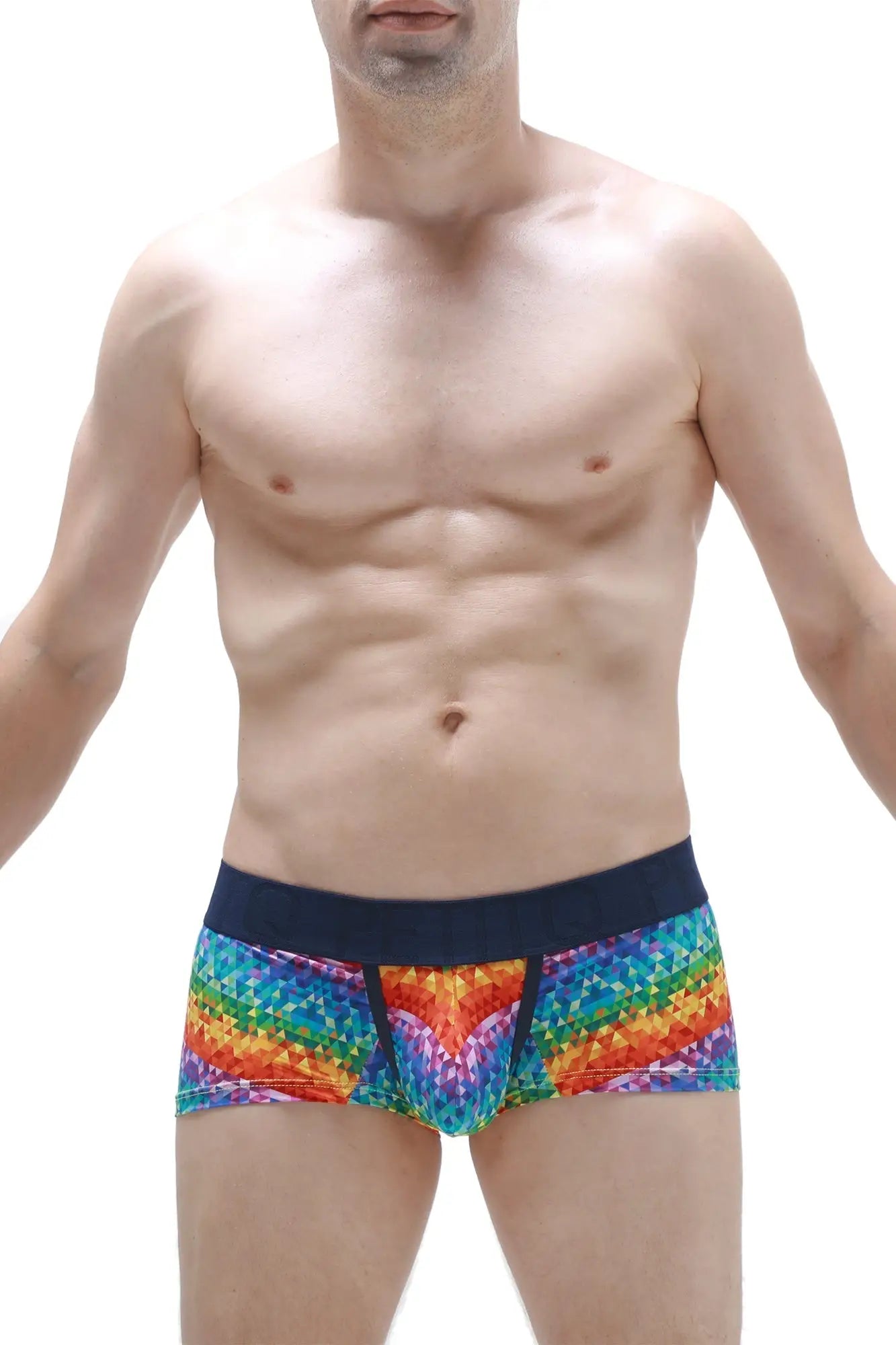 Men’s boxer brief kaleidoscope with rainbow geometric pattern and solid navy waistband for comfortable wear