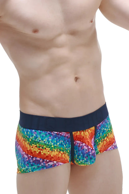Boxer brief kaleidoscope rainbow-colored geometric pattern with solid navy waistband for men