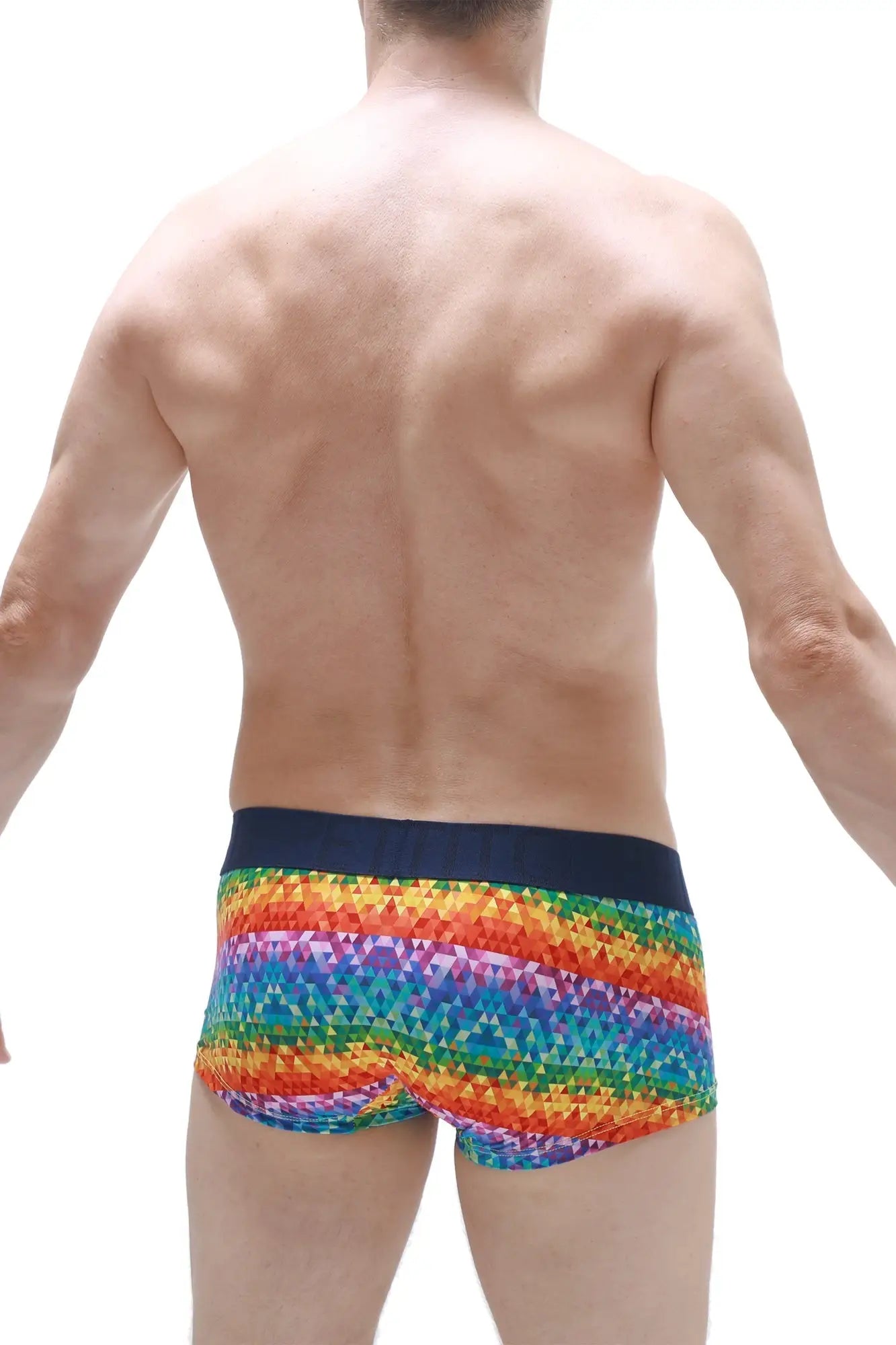 Men’s boxer brief kaleidoscope with rainbow geometric pattern and solid navy waistband for comfortable support