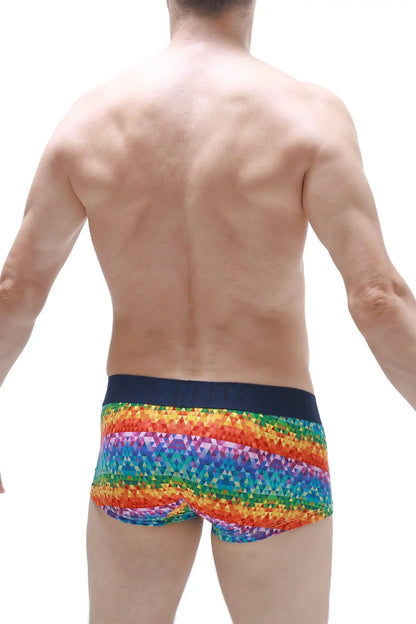 Men’s boxer brief kaleidoscope with rainbow geometric pattern and solid navy waistband for comfortable support