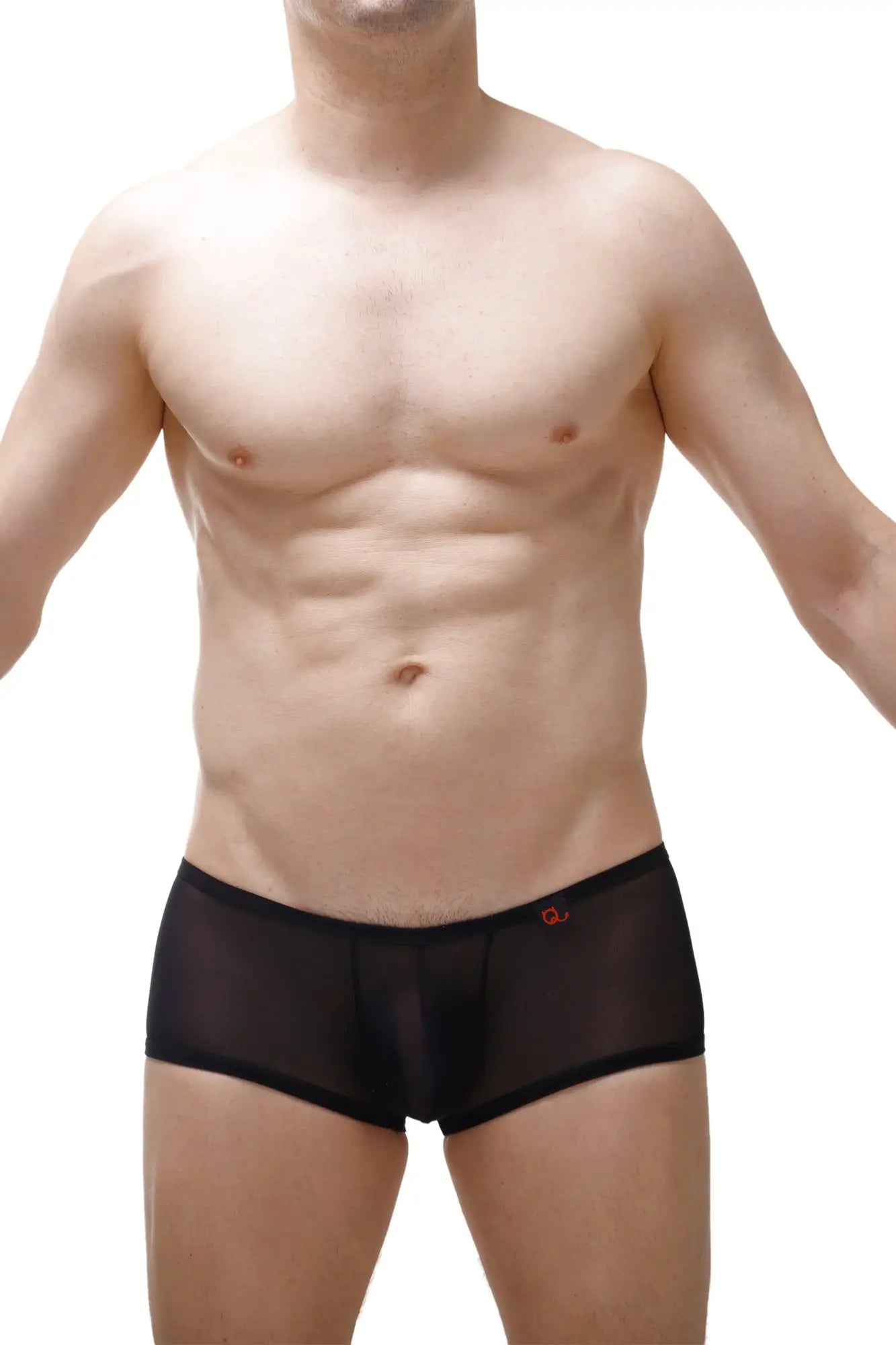 Black sheer mesh boxer brief murol lace with subtle red logo on waistband designed for comfortable wear