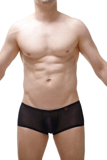 Black sheer mesh boxer brief murol lace with subtle red logo on waistband designed for comfortable wear
