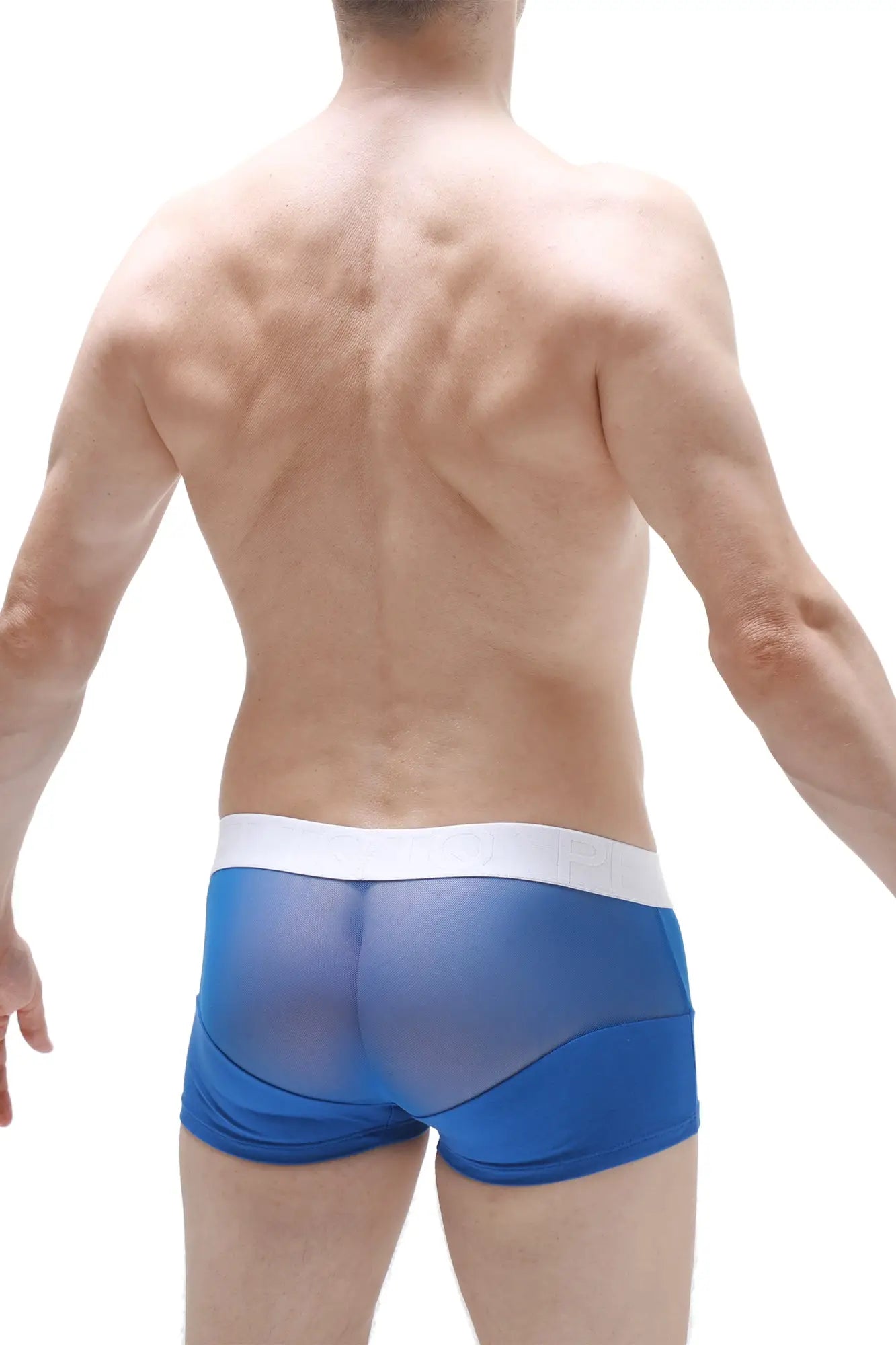 Blue sheer mesh boxer briefs with white waistband made of breathable fabric for comfortable wear
