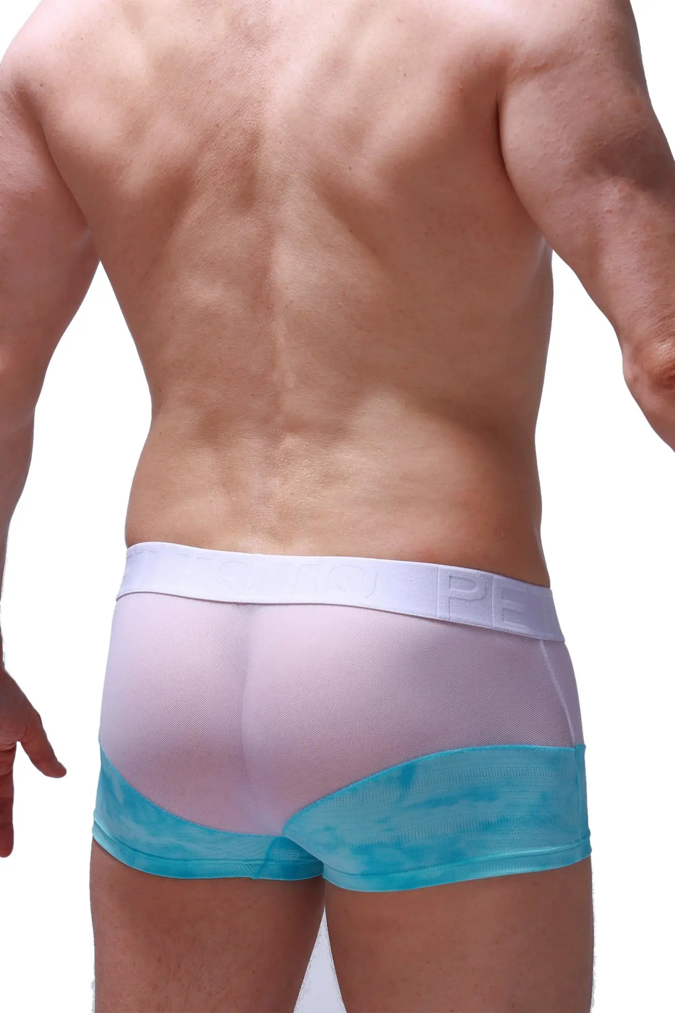Translucent pink and turquoise mesh boxer brief osly marbre green with white elastic waistband and pe logo