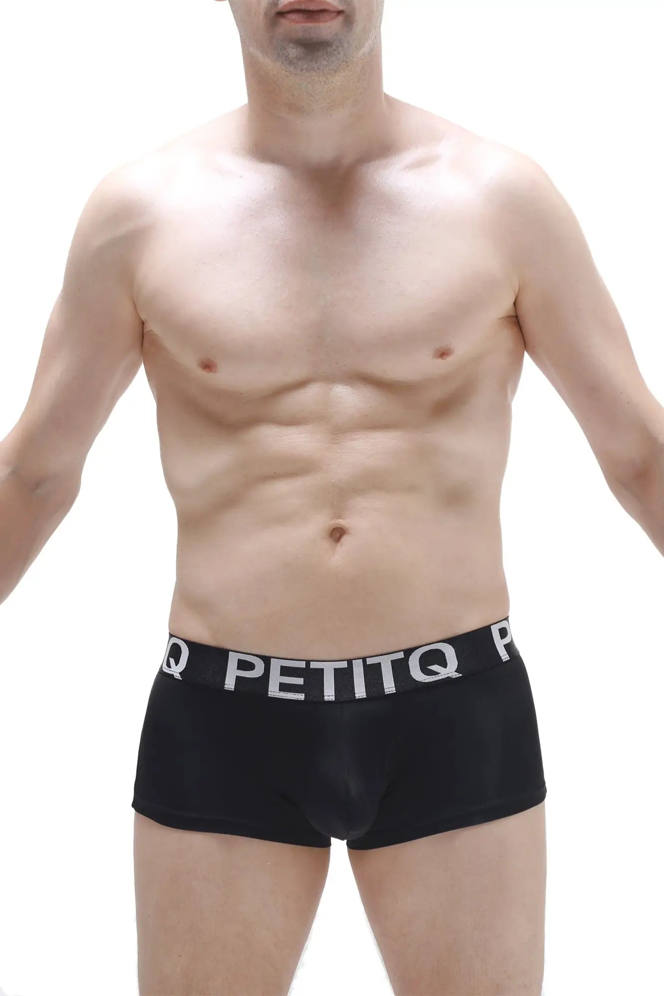Black men’s boxer briefs in plum black with a white petitq logo band for comfortable everyday wear