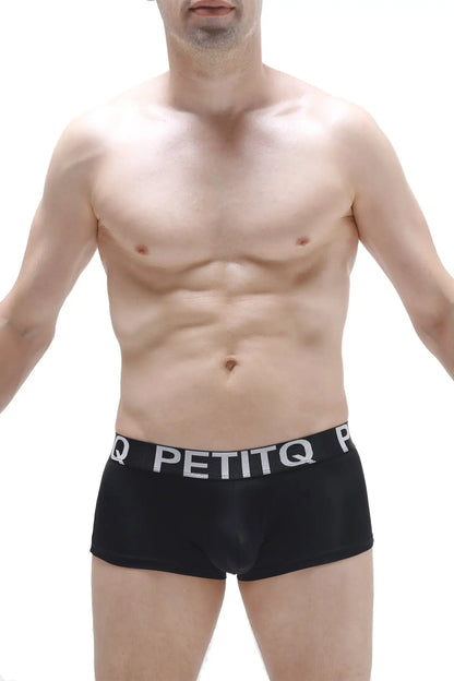 Black men’s boxer briefs in plum black with a white petitq logo band for comfortable everyday wear