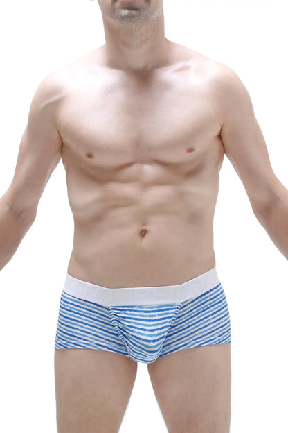 Blue and white striped boxer briefs with solid white waistband in breathable fabric for comfortable everyday wear