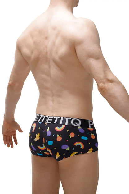 Black men’s boxer brief taik sitges with colorful rainbows fruits and geometric shapes on soft fabric