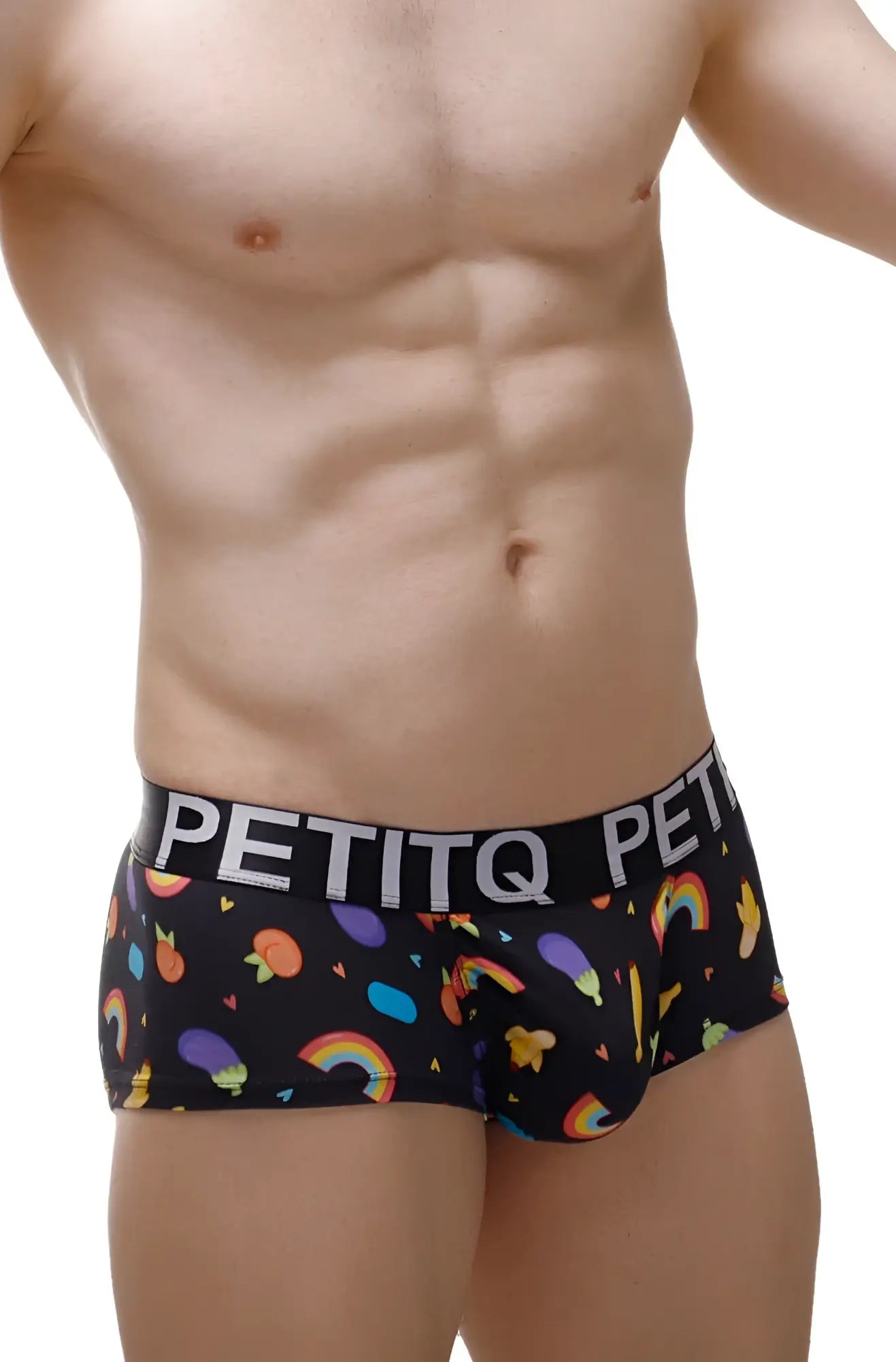 Boxer brief taik sitges in black featuring a vibrant playful pattern of rainbows fruits and geometric shapes