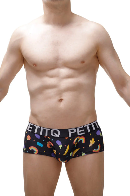 Black men’s boxer briefs with playful rainbow banana and balloon pattern and petitq petit waistband branding