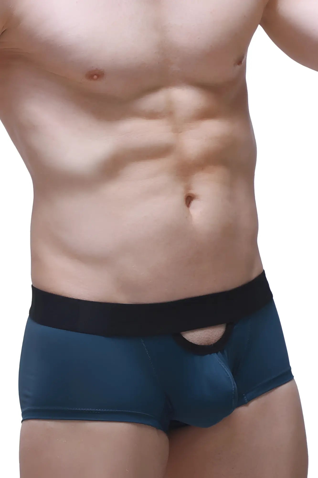 Navy blue men’s briefs boxer cabrier prussian blue with black elastic waistband and central cutout design