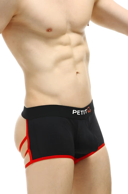Black men’s boxer briefs with red trim and petit logo on waistband in a breathable fabric for everyday comfort