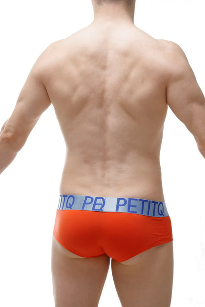 Bright orange boxer cheek double pouch modal briefs with a light blue waistband featuring bold brand lettering