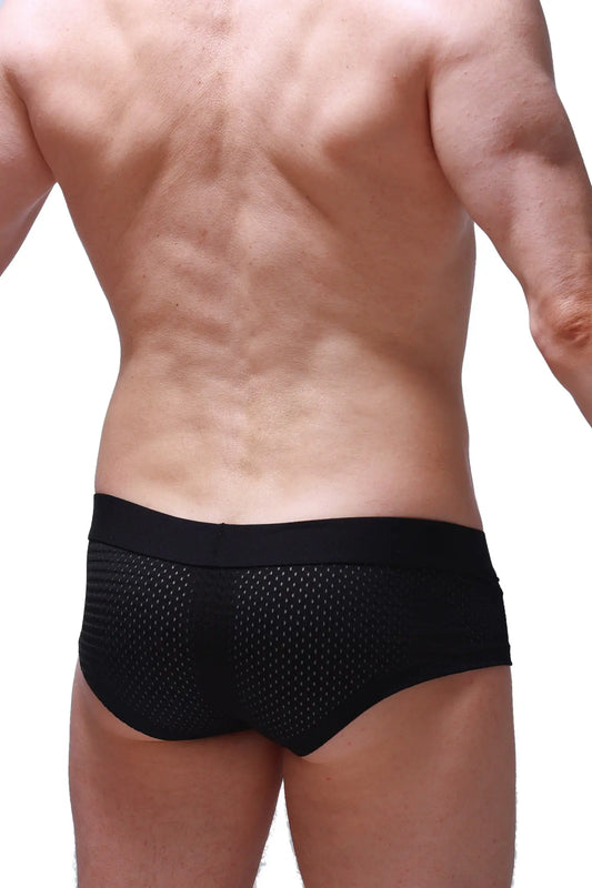Black mesh briefs with a solid waistband from boxer chill bee black featuring breathable fabric for everyday comfort