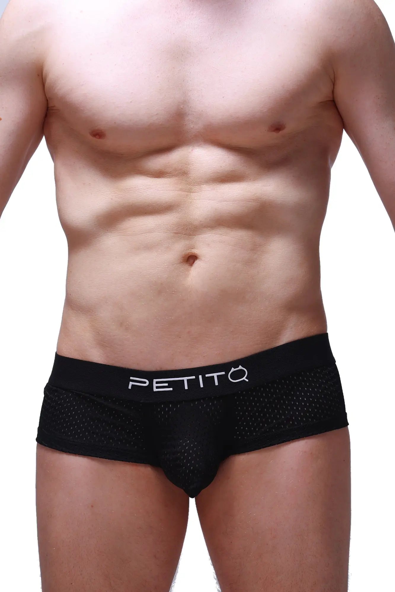 Black mesh briefs boxer chill bee black with white petitq logo on waistband breathable lightweight underwear