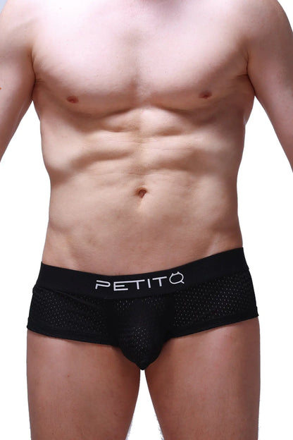 Black mesh briefs boxer chill bee black with white petitq logo on waistband breathable lightweight underwear