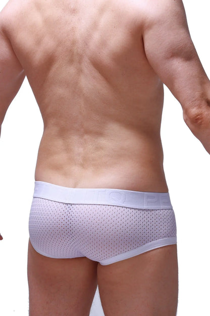 White mesh boxer briefs with solid white qube waistband designed for comfort and breathability in chill bee white color