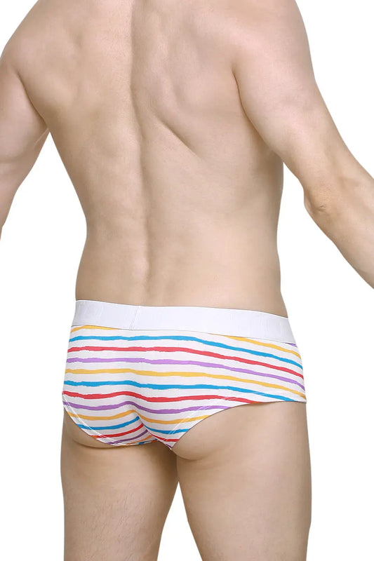Men's boxer brief in white with colorful candy stripes featuring a comfortable waistband shown from the back by PetitQ