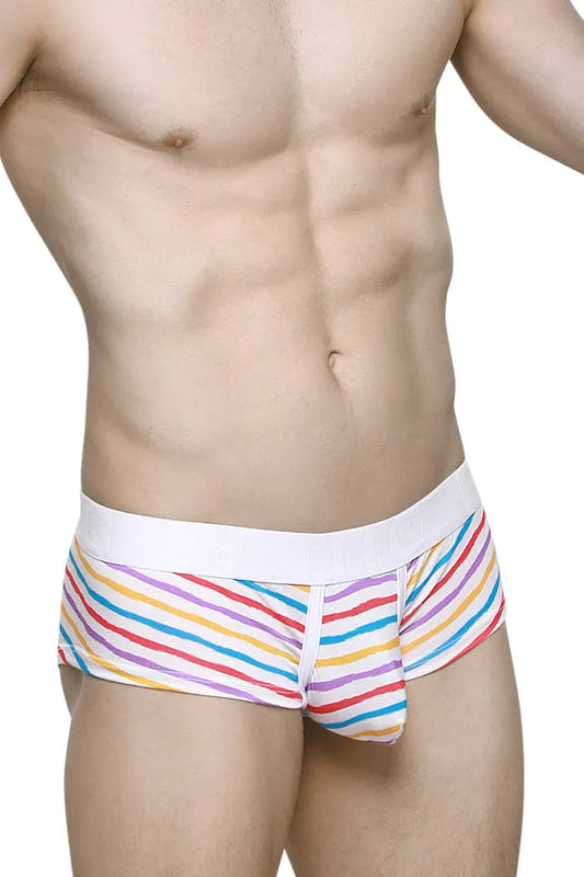 Men's short leg boxer briefs in candy stripe pattern featuring a white waistband shown on a model with a toned physique by PetitQ