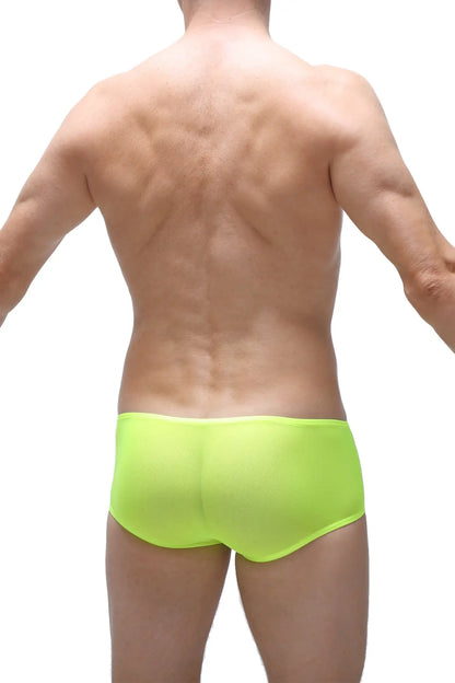 Bright neon green boxer briefs with chill net fabric for breathable comfort in sporty use