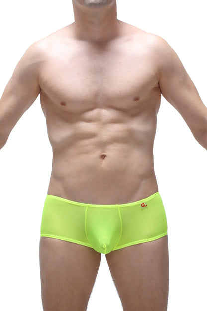 Neon green sheer men’s briefs with a small red logo on the waistband boxer chill net neon yellow design